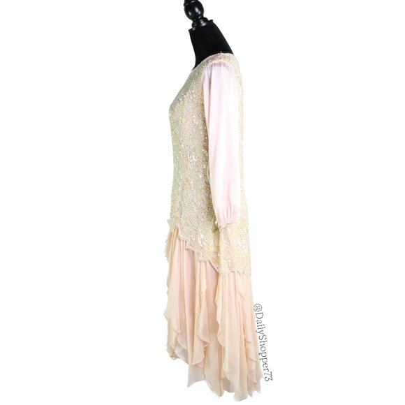 Handmade Women's Pastel Pink Sequin & Bead Satin Chiffon Handkerchief Hem Dress - Picture 2 of 10